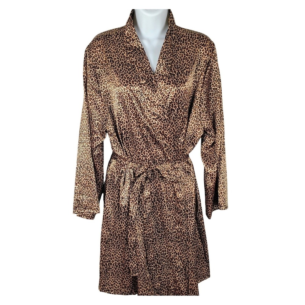 Morgan Taylor Intimates Leopard Print Satin Robe Brown Animal L NWT NOS regency